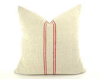 Antique Linen Grain Sack Pillow - red stripes, 22.5" x 22.5"