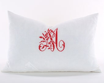 Vintage European Linen Pillow - with embroidered vintage French monogram, 12" x 18"