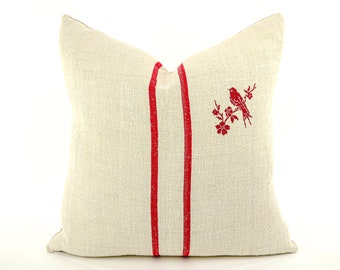 Antique Linen Grain Sack Pillow - red bird, red stripes, 20.5" x 20.5"