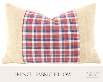 Vintage French Kelsch Plaid Pillow - with Antique European Grain Sack Linen, 12" x 18"