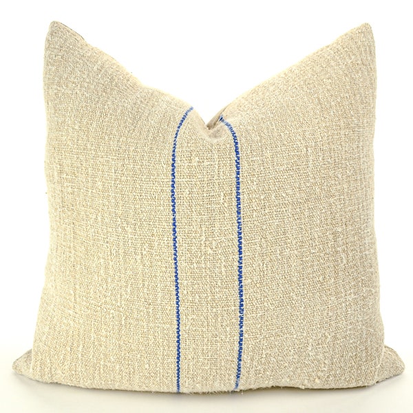 Antique Lin Grain Sack Pillow - rayures bleues, 20 » x 20 »