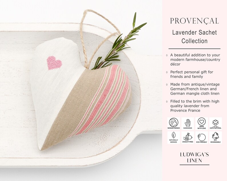 Antique Linen Lavender Sachet Heart Best gift for Her/Woman/BFF/Mom/Friends/Family Filled with French Lavender, Personalized image 2