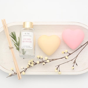 Lychee Blossom Reed Diffuser with French Tulip & Tea Rose Heart Soaps Gift Set