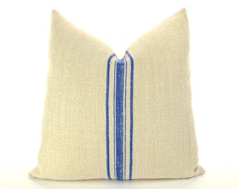 Antique Linen Grain Sack Pillow - blue stripes, 19.5" x 19.5"