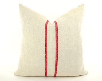 Antique Linen Grain Sack Pillow - red stripes, 20" x 20"