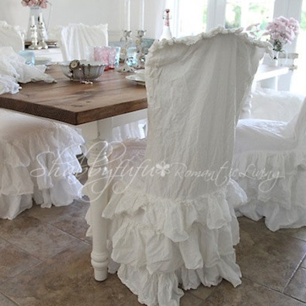 Shabby Chic Romance...White Cotton Ruffled Slipcover...Fits Most Chairs