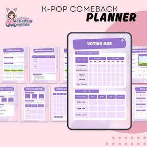 Op de afbeelding: Een K-Pop Comeback Planner in paars en wit. De planner bevat secties voor comeback-info, stemapp-accounts, streamingstrategie en een stemhub. De tekst "lachelle molala" staat linksboven.
