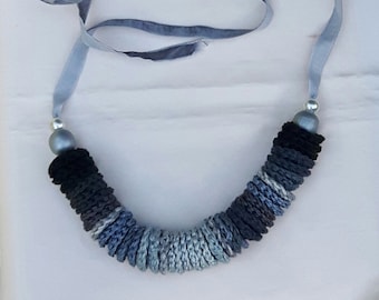 Boho fibre necklace with wood beads, knitted cotton little mandalas Necklace in gray-black shades on gray velvet ribbon