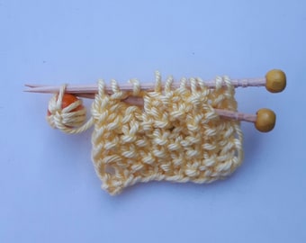 Knitting brooch pin with miniature knitting bamboo needles and a yarn ball made of cotton yarn - Yellow, Free Shipping