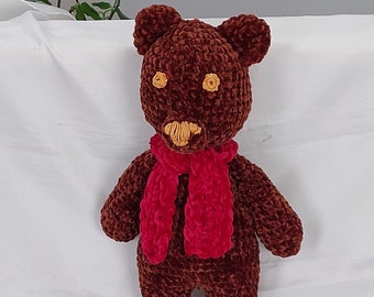 chenille crocheted dark brown teddy bear with a bordo scarf, Amigurumi