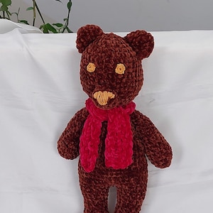 chenille crocheted dark brown teddy bear with a bordo scarf, Amigurumi