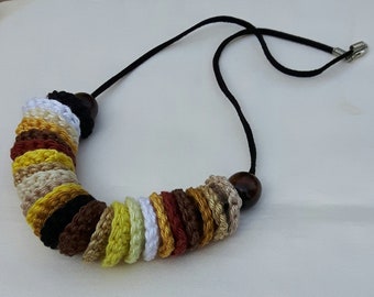 knitted cotton yellow brown mandalas Necklace, Boho fibre necklace with wood brown beads -FREE SHIPPING