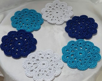 Crochet Coasters set of 6, knit coasters, Cup coasters, Table Decor, Kitchen decor, White-Blue-Turqouise cotton coasters