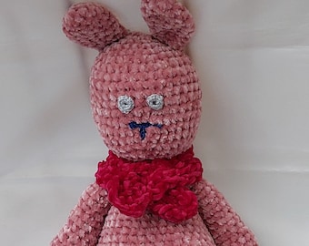 crochet  chenille (velvet) pink bunny, rabbit amigurami soft toy with burgundy scarf