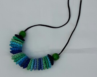 knitted cotton green+ blue shades mandalas Necklace, Boho fibre colorful necklace with wood green beads - FREE SHIPPING