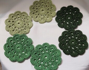 Crochet Coasters set of 6, knit coasters, Cup coasters, Table Decor, Kitchen decor, 3 shades of green cotton coasters