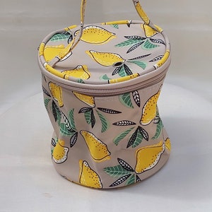 Lemons pattern Yarn Case, Yarn Storage Basket, Knitting Yarn Round fabric Bag for On-the-go-knitter and Traveling - Small - for 1 skein