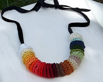 Boho fibre colorful necklace with wood beads, knitted cotton rainbow little mandalas Necklace on black velvet ribbon - FREE SHIPPING