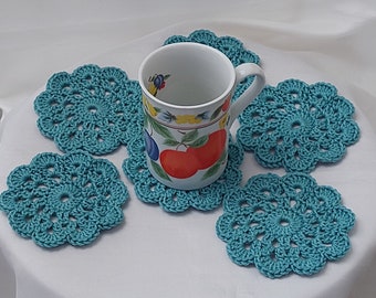 Crochet sous-verres ensemble de 6, sous-verres en tricot, sous-verres de tasse, décor de table, décor de cuisine, sous-verres en coton bleu sarcelle