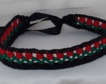 Crochet Handmade cotton Tulip Headband - Black with red tulips