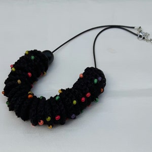 Boho fibre necklace with colorful wood beads, knitted soft beads Necklace image 1