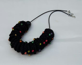 Boho fibre necklace with colorful wood beads, knitted soft beads Necklace