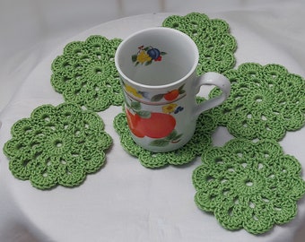 Crochet sous-verres ensemble de 6, sous-verres en tricot, sous-verres de tasse, décor de table, décor de cuisine, sous-verres en coton vert herbe