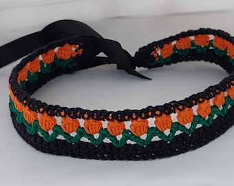 Crochet Handmade cotton Tulip Headband - Black with orange tulips