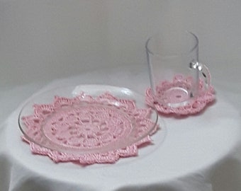 Ensemble de sous-verres au crochet rose pour 1 tasse et 1 assiette, sous-verres en tricot, sous-verres à la tasse, sous-verres à assiette, décor de table, décor de cuisine