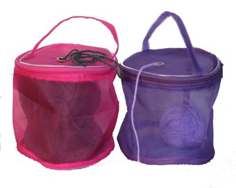 SALE! 2 Yarn Storage Bags / Yarn Cases: Fuchsia and Purple, Round mesh Baskets for Knitting Yarn for On-the-go-knitter - small for one ball