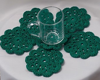 Crochet sous-verres ensemble de 6, sous-verres en tricot, sous-verres de tasse, décor de table, décor de cuisine, sous-verres en coton vert foncé