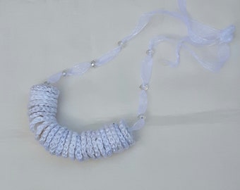 Wedding White knitted cotton mandalas Necklace, Boho fibre necklace on organza ribbon with white crystal beads