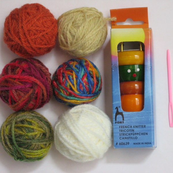 Pony Spool Knitter, Wood French Knitting Doll tricotin- Instructions and Needle with 6 Colored balls of Yarn & Plastic Tapestry Needle Kit