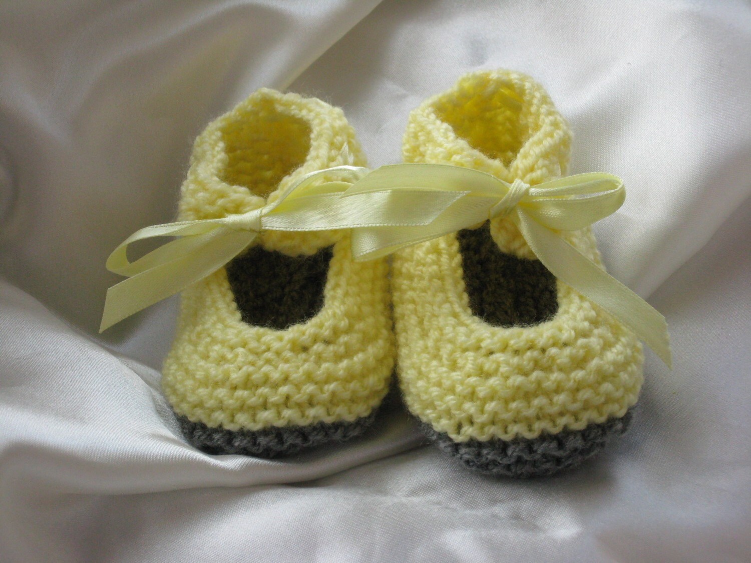 Knitted Mary Jane Baby Booties Yellow and Gray With Satin Etsy