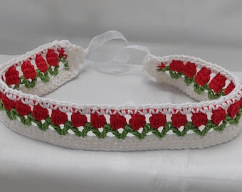 Bandeau tulipe en coton fait main au crochet - 0ff-blanc avec tulipes rouges