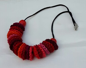 knitted cotton reddish mandalas Necklace, Boho fibre colorful necklace with wood red beads - FREE SHIPPING