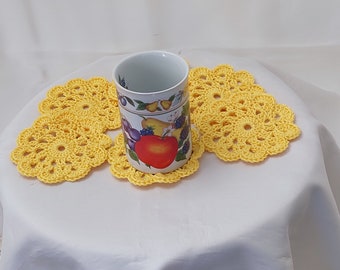 Ensemble de sous-verres au crochet de 6, sous-verres en tricot, sous-verres en tasse, décor de table, décor de cuisine, sous-verres en coton jaune