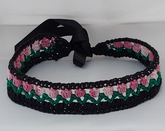 Bandeau tulipe en coton fait main au crochet - Tulipes noires aux nuances roses