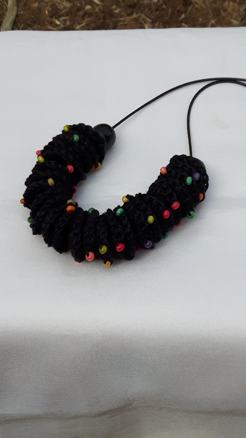 Boho fibre necklace with colorful wood beads, knitted soft beads Necklace image 2