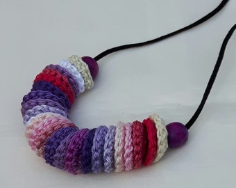 knitted cotton Pink-Purple mandalas Necklace, Boho fibre necklace with wood brown beads - FREE SHIPPING