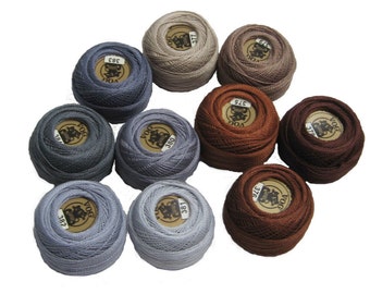 Vog© Perle Cotton Size 8 Embroidery Threads - Set of 10 Balls (10gr Each) - Brown and Gray Shades (column No. 8)