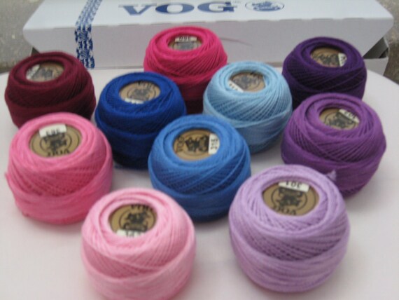 Vog© Perle Cotton Size 8 Embroidery Threads - Set of 10 Balls (10gr Each) -  Pink, Purple and Blue Shades (Set No. 1)