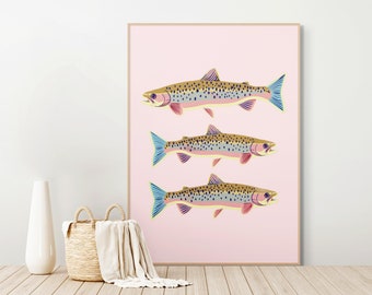 Pastel Trout Trio - Fish Wall Art, Trendy Wall Art, Preppy Room Decor, Printable Boho Wall Art, Boho Decor