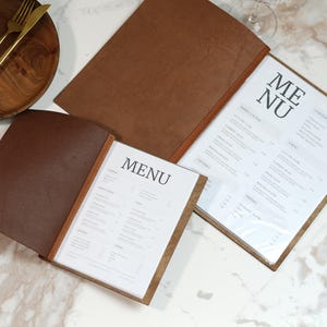 Tablero de menú de cuero con logotipo, menú de madera personalizado, menú de restaurante