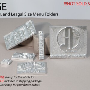 May include: A set of seven silver metal stamps for menu folders. The stamps are for A4, Letter, and Legal size folders. The text "NOT SOLD SEPARATELY!" is printed in red at the top of the image.