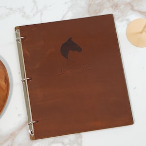 Cubierta de menú personalizada con anillas, carpeta de menú de madera, menú de restaurante con logotipo grabado, tablero de menú de cuero, menú de madera personalizado