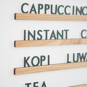 Rieles de menú para montar en la pared, tablero de letras intercambiable, menú de pared de cafetería, rieles de menú intercambiables, menú de barbería, rieles de madera para cafetería,