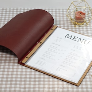 Leren menubord, aangepast houten menu, restaurantmenu met logo