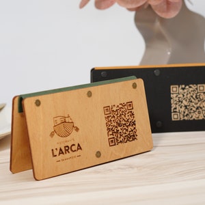 Wooden Menu with Vintage Leather, Personalised QR Menu Stand with Logo, QR Menu Holder, Wooden Menu Sign, Scan to view menu, QR Code Menu