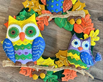 Finished Bucilla Owl Harvest Wreath